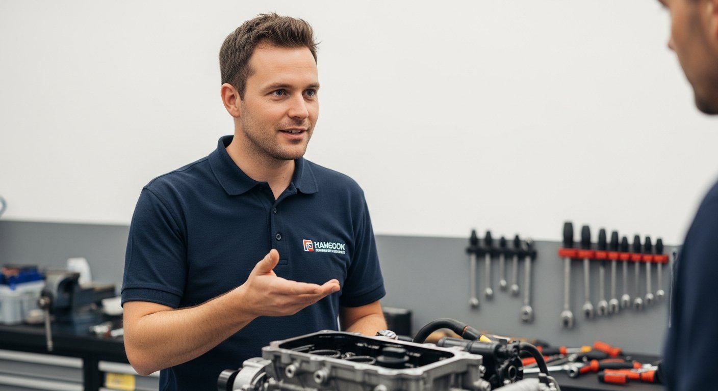 Auto electrician explaining car electrical fault diagnosis to customer at Woodhouse workshop in Leeds