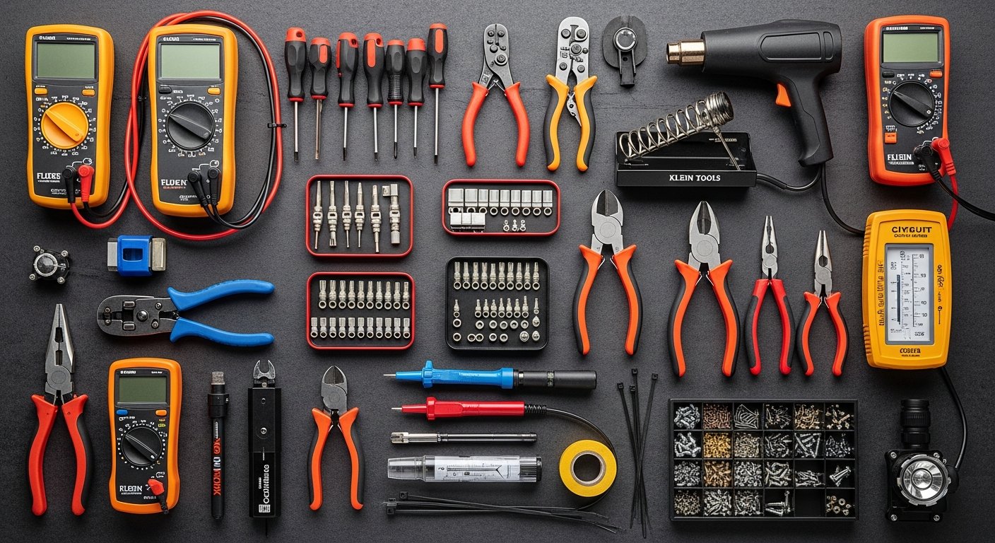 Auto electrical tools and diagnostic equipment arranged on workshop bench including multimeter, OBD scanner, wiring harness, and car battery